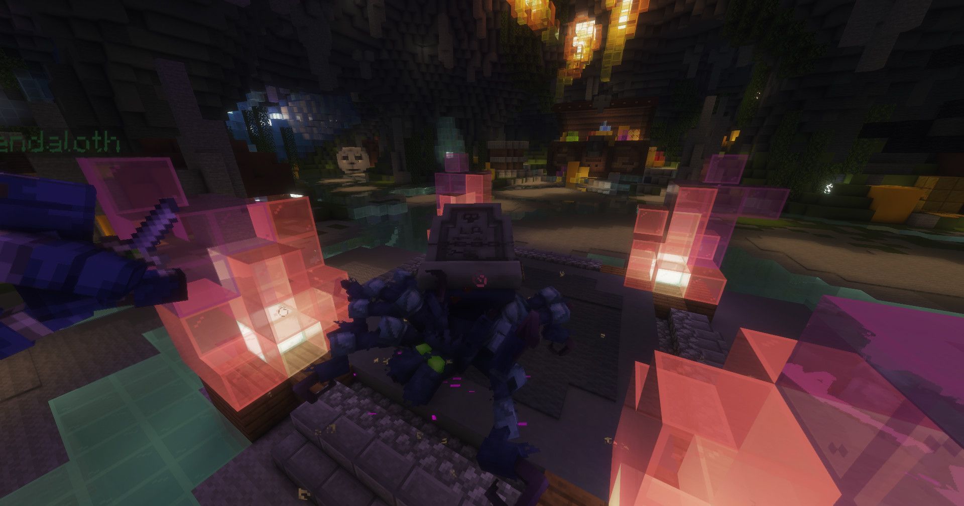 The giant spider Voras among glowing crystals in a dungeon